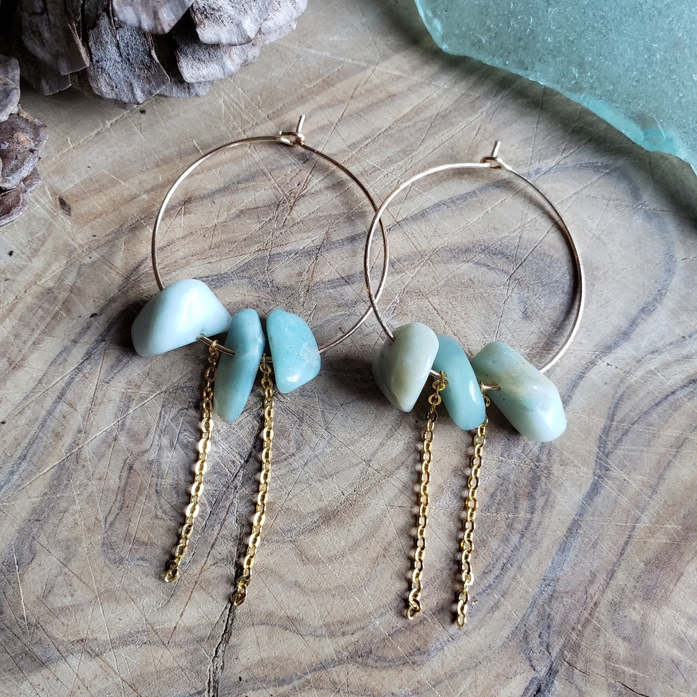 Handmade Amazonite Stone Rose Gold Hoops Healing Unique Earrings
